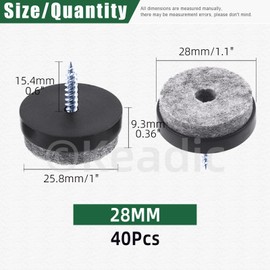 Keadic 40Pcs Screw-on Furniture Felt Pads Bulk Set, 1-1/8"(28mm) Dia Round Slider Glide Floor Protector for Wooden Furniture Chair Tables Leg Feet (Black)
