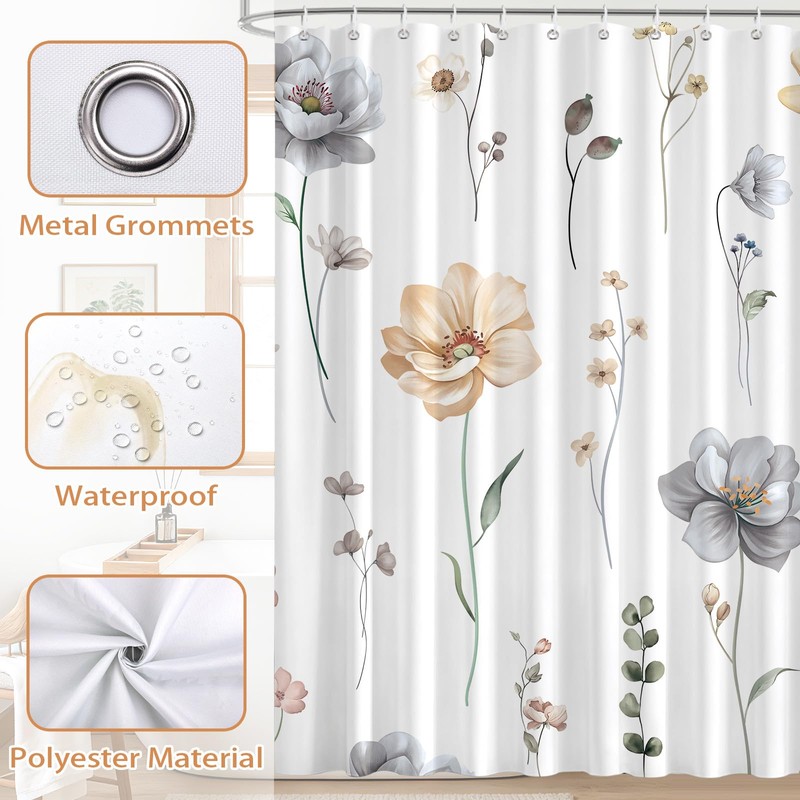 Spring Watercolor Beige Gray Floral Shower Curtain 72X72Inch