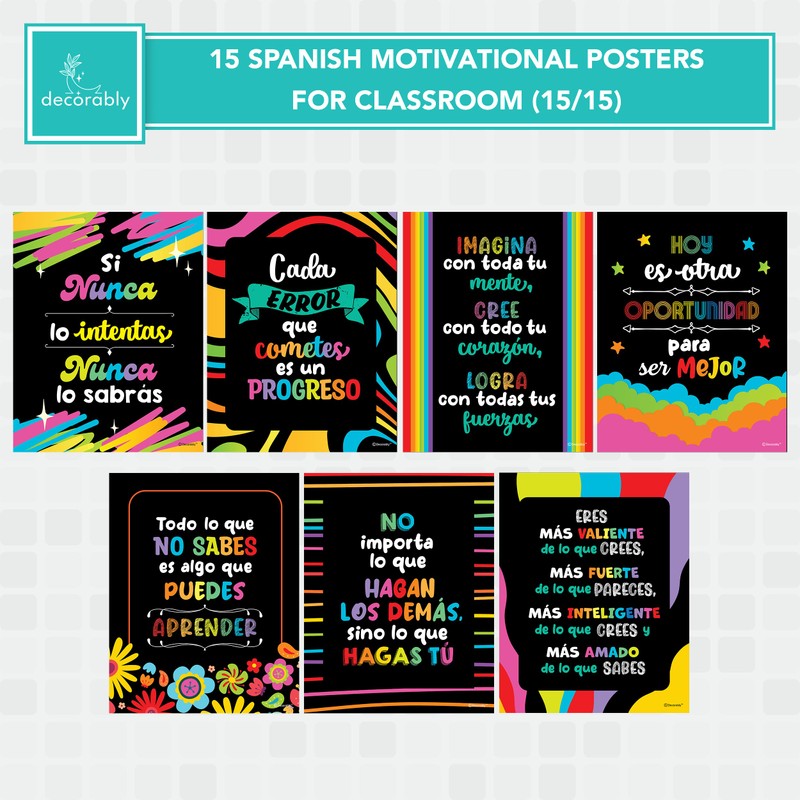 Decorably 15 Vibrant Chalkboard Themed Spanish Motivational Posters for Classroom,