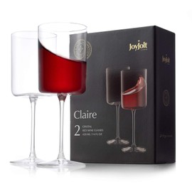 JoyJolt Claire 14oz Red Wine Glass Set, Large Wine Glasses Set of 2, Elegant Crystal Wide Rim Stemware, Modern Glasses with Stem, Made in Europe Stemmed Glassware for Unique Gifts
