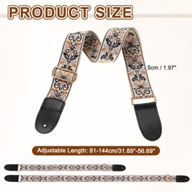 sourcing map Guitar Strap, Cotton Webbing Leather Ends Straps Vintage Embroidered 2" Wide Adjustable Straps with Light Gold Buckle for Acoustic, Electric, Bass Guitars, Beige-White Jacquard