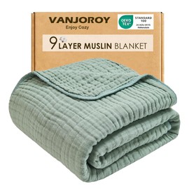 VANJOROY 9-Layer Muslin Throw Blanket 50" x 70" Teal, 100% Cotton Organic Breathable Lightweight Large Throw for Couch Bed Quilt and Bedspread - All Season Muslin Soft Gauze Blanket