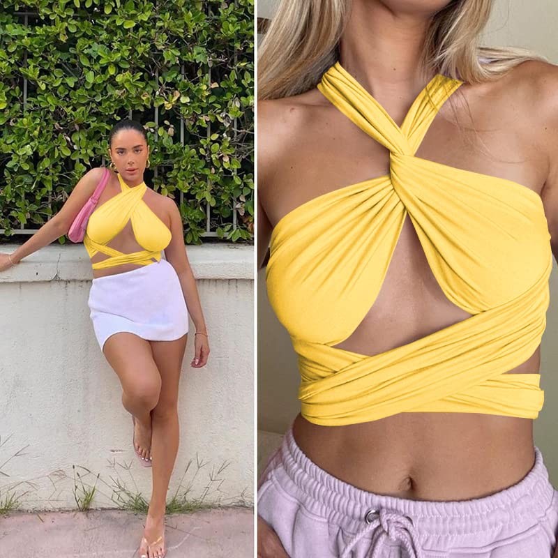 ZAFUL Womens Ribbed Halter Crop Top Ruched Lace-up Cropped Cami