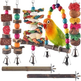 Bissap Bird Chew Toys, 7 Packs Parakeet Natural Wood Toys Parrot Hanging Cage Toy Bird Perch Stand for Small Bird Conure Cockatiel Parrotlet Lovebird Budgie