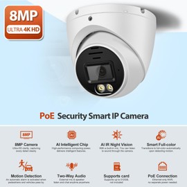 MWRCTV 4K Security PoE Camera,8MP Smart Dual Lights Turret IP Dome Camera Outdoor Indoor,2.8mm Wide Angle Lens,AI Human Detection,Color Night Vision,2 Way Audio with MicroSD Card Slot,Metal Case,IP67