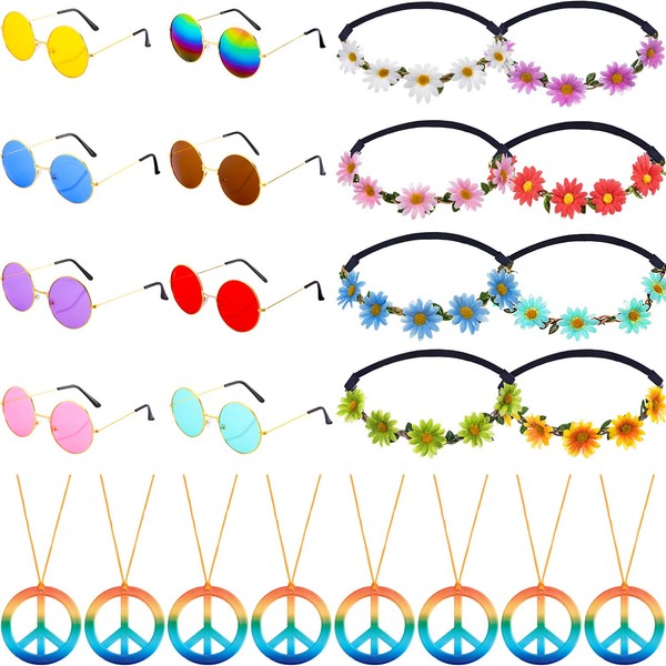 Frienda 24 Pieces Hippie Costume Accessories 60s 70s Party Decorations Hippie Set Includes Peace Sign Necklaces Daisy Sunflower Headbands Retro Sunglasses for Hippie Birthday Halloween Party Supplies