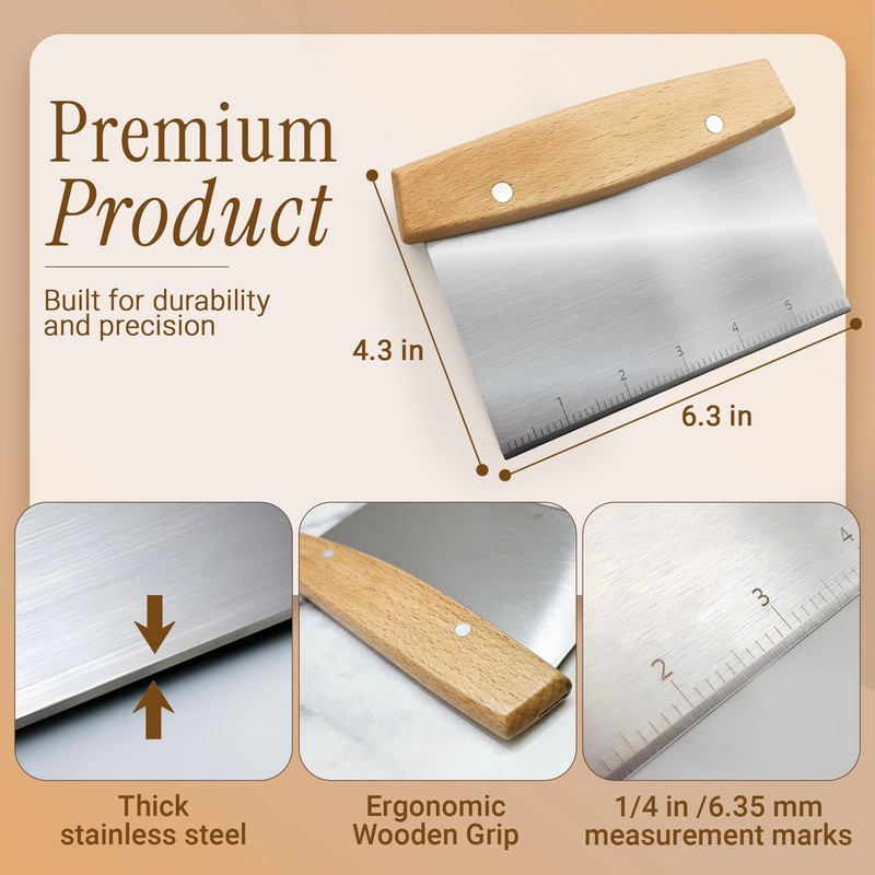ROCKFEELTEE Multipurpose Bench Scraper, Dough Scraper and Dough Cutter for