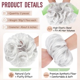 FeidyLong 2 PCS Messy Bun Hair Piece Wavy Curly Hair Bun Scrunchies Extensions Synthetic Chignon Thick Updo Hairpieces for Women Girls(Silver Grey)
