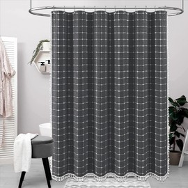 BTTN Charcoal Grey Boho Shower Curtain - Linen Rustic Heavy Duty Fabric Shower Curtain Set with Tassel, Farmhouse Bohemian Vintage Country Thick Cloth Shower Curtains for Bathroom - Gray - 72x72