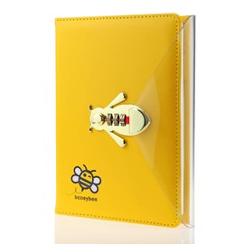 Mazeran Bee Shaped Combination Lock Journal, PU Leather Hard Cover Notebook Cute Diary, Thick A5 Lined Password Locking Personal Planner Secret Organizer Gift for Girls Women Daughter