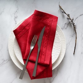 Linen Napkins Set of 4-100% Pure Linen Red Embroidered Dinner Napkins - Hemstitch Cloth Napkins Washable for Fall, Thanksgiving, Christmas and Winter Decor