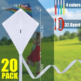 20 Pack DIY Kites for Boys and Girls, Kite Making Kit White Blank Kites Painting Decorating Coloring Kite Party Pack with Swivel Line and Colour Pen for Outdoor Park Beach Grassland Activities
