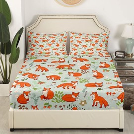 Fox Fitted Sheet Boys Girls Cute Cartoon Forest Fox Fitted Sheet 90 x 200 cm for Children Teenagers Ultra Soft Kawaii Mushroom Animal Bed Sheet Set Nature Room Decor