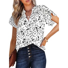 Dokotoo Womens Juniors Summer Tops 2024 Fashion Trendy Casual Dressy Fall Smocked Short Sleeve T Shirts Alicia Flower Print V Neck Business Work Tunic Bohemian Floral Top Medium White