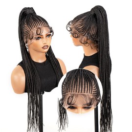 SUPERNOVA High Ponytail Full Lace Braided Wig Synthetic Ponytail Extension Hair Wig With Natural Hairline Knotless Braided Wigs For Black Women Fit Ponytailwig 32 Inch