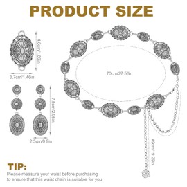 Mikovivi Set aus Western-Concho-Gürtel und Cowgirl Ohrringe, Silber Exquisite Vintage Kettengürtel Baumelnde Ohrringen mit Ovalen Elementen Boho-Schmuck Geschenk für Frauen Country Konzert Outfit