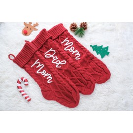 Christmas Stocking Cable Knit, 18 Inch Large Knit White Christmas Stocking Embroidered with Mom, Country Farmhouse Fireplace Staircase Sock Ornaments for Family Christmas Decoration (1, Red Dad)