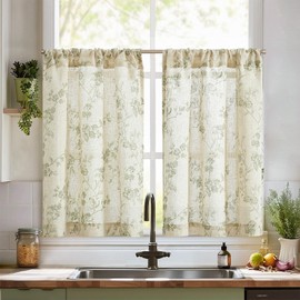 TOPICK Green Floral Linen Blend Kitchen Curtains 36 Inch Drop Short Cafe Curtains Light Filtering Small Window Curtain Tiers for Bathroom Living Room RV Rod Pocket 2 Panels