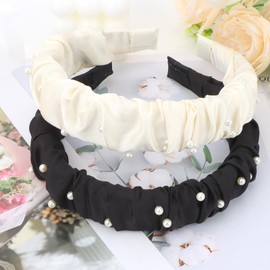 KEUKORZ Wide Pearl Headbands - 2Pcs Hairbands Decorated with Pearl for Women’ Hair - Fashion Hair Accessories for Makeup (Black and White)