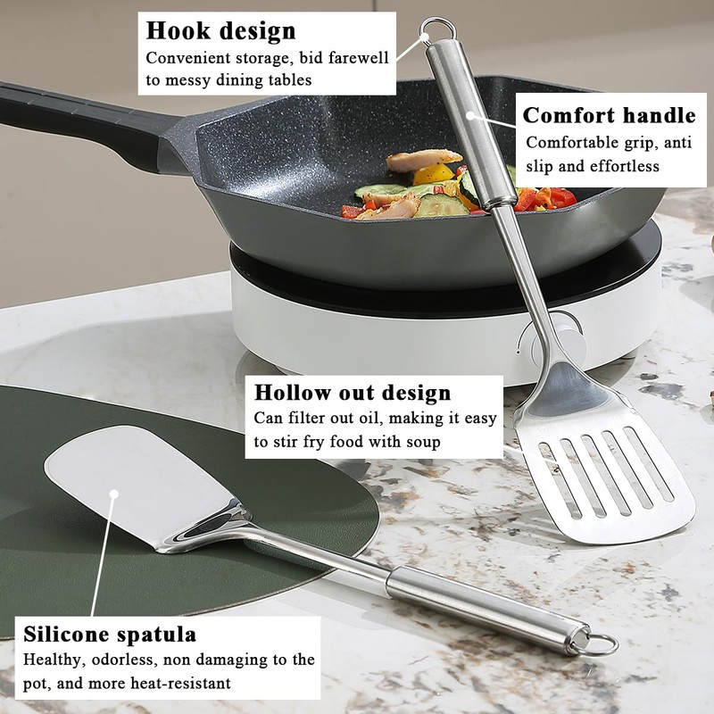 Stainless Steel Spatulas Set, ReaNea Silver Slotted Turner, Solid Turner,