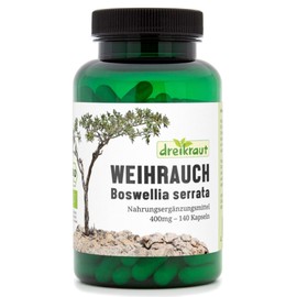 dreikraut Weihrauch-Kapseln BIO, 140 Stück, 400mg, hochdosiert, Boswellia Serrata, 1600mg je Tagesdosis, 65% Boswellia-Säuren, 100% Indischer Weihrauchextrakt ohne Zusätze, Deutsche Herstellung