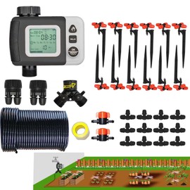Drip Irrigation Kit Automatic Watering System with Water Timer 64FT 1/4 Tubing and 12 Rain Spray Watering Nozzles in 4 Directions for Potted Plants Yard Lawn Juvenile Plants Greenhouse Mist