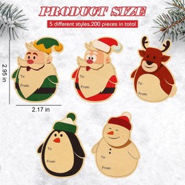 Christmas Stickers 200 Pcs Gift Tag Stickers Vintage Kraft Labels Self Adhesive Stickers 2 x 3 Inch Santa Claus Snowman Elk Pattern Stickers for Gift Bags Box Cards Envelope Sealing