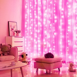 Brightown 300 LED Curtain Lights for Bedroom 9.8 FT Hanging Window Lights with Remote, Connectable, 8 Modes, Waterproof Fairy Lights for Outdoor Indoor Valentine's Day Christmas Holiday Party, Pink