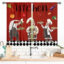 Chef Curtains for Kitchen, Rustic Fat Chef Cook Theme Vintage Cute Funny Chief Rural Country Farm Buffalo Checkered Plaid Blackout Small Short Window Drapery for Bedroom Living Room, 55x39 Inch