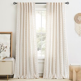 Natural Linen Boho Curtains for Living Room Light Filtering Gold Stripe Geometric Pattern Semi Sheer Curtains 120 inch Long Western Bohomian Drapes Cream Rustic Farmhouse Home Decor Back Tab 2 Panels