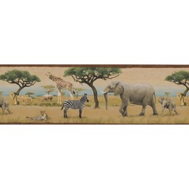 Jungle Savannah Lion Leopard Elephant Giraffe Zebra Beautiful Realistic Animal Wallpaper Border Modern Design, Roll 15' x 8''