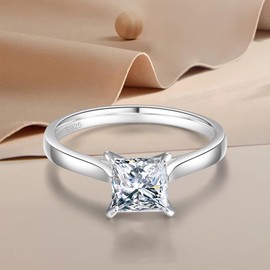 AVECON Simple Rings for Women Solid 925 Sterling Silver Solitaire Ring Princess Cut Cubic Zirconia CZ Thin Band for Mother's Day Size S