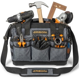 Arbon Electrician Tool Bag – Heavy Duty Organizer with 34 Pockets, Large Storage for Men, 5-Layer Reinforced Walls, Metal Frame, Hard Molded Base, Water Resistant Polyester PP Plastic, Grey, 52+ lb