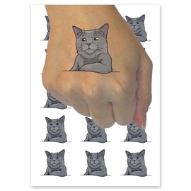 Russian Blue Cat Condescending Unimpressed Look Temporary Tattoo Water Resistant Fake Body Art Set Collection - 54 1" Tattoos (1 Sheet)