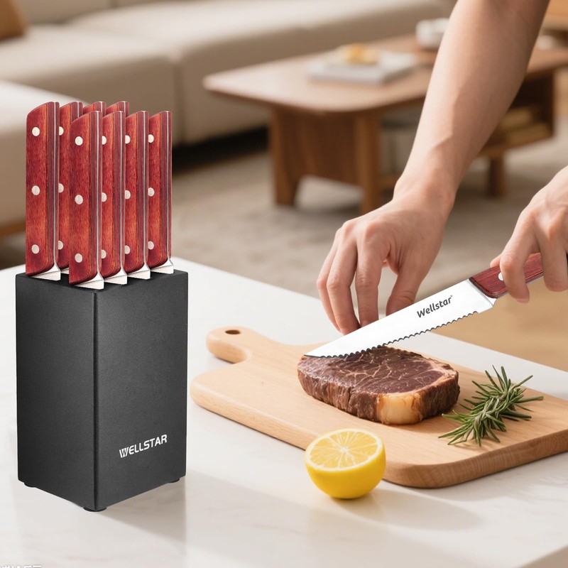 WELLSTAR 8-Piece Steak Knife Set with Wood Block – 4.75"