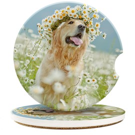 Neidius Car Cup Coaster Golden Retriever Dog White Daisy Car Coaster for Cup Holders Universal Non-Slip Ceramic Vehicle Interior Accessories 2 Pack 2.56 Inch