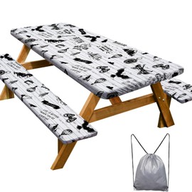 Picnic Table Cover with Bench Covers Camping Essentials Waterproof Windproof Camping Tablecloth with Drawstring Bag, Fitted Rectangle Tables and Seats, 72in, White