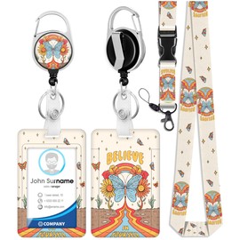 Plifal ID Badge Holder with Lanyard and Retractable Badge Reel Clip, Boho Rainbow Y2K Butterfly Card Name Tag Lanyard Vertical ID Protector Bage Clips for Work Office(Believe in Yourself)