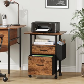 GYIIYUO 2 Drawer File Cabinet with 24'' Extended Desktop, Mobile Filing Cabinet, Rolling File Cabinet with Side Bag, Fabric Drawer, Fits A4/Letter Size, Printer Stand Home Office, Light Brown