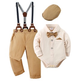 Amisssz Baby Boys Gentleman Suit, 0-18 Months, 4-Piece Children's Wedding, Festive Christening Romper with Bowtie Shirts + Braces Overalls, beige