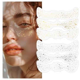 Pack of 6 Glitter Freckles Face Tattoos, Gold & Silver Waterproof Glitter Patches for Women, Cute Stars Metallic Glitter Temporary Tattoo Makeup Accessories for Festival & Party