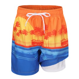 Aisyee Big Boys Swim Trunks with Boxer Brief Liner Swim Shorts for Boys Quick Dry Boards Shorts with Compression Liner Beach Swimwear Beach Palm Sunset Size 10/8-10 Years