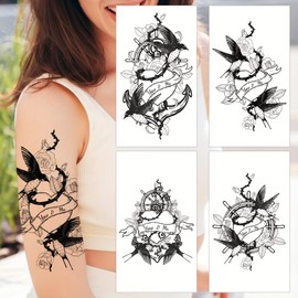 4 Sheets Swallow Heart Tattoos. Black Nautical Temporary Sticker Set.