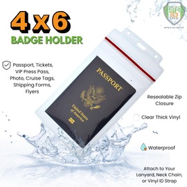 Heavy Duty Extra Large 4X6 Badge Holder - Vertical - Clear & Water Resistant with Resealable Zip Top Closure by Specialist ID (Great for Passports & Cruise Essentials)
