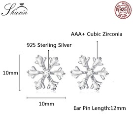 Shuxin Silver Christmas Stud Earrings for Women, 925 Sterling Silver Xmas Studs Earrings for Ladies, Silver Snowflake Stud Earrings, 10mm Cubic Zirconia Stud Earrings, Jewellery Gift for Christmas