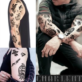 CHARLENT Black Old School Temporary Tattoo for Men and Women - 9 Sheets Vintage American Fake Tattoos for Lovers of Classic Tattoos/Realistic/Durable