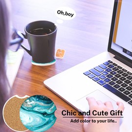 2 Pack Blue Ocean Marble Absorbent Car Coasters for Cup Holders 2.56", Teal Green Sea Wave Stone, Decoration Golden Turquoise Gold Ceramic Gifts with Cork Back & Finger Slot Cupholder Accessories
