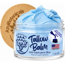 Bálsamo de sebo de res alimentado con pasto batido infundido con azul de metileno de AzulBotanicals, antienvejecimiento, humectante, estrías, rosácea, psoriasis, eczema, acné, todo tipo de piel, ingredientes orgánicos 1,7 oz
