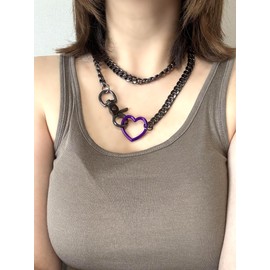 paloli Women's Slip Chain Rainbow Heart O-Ring Chunky Chain Necklace, Rays Cuban Long Layered Jewelry, Adjustable Lariat Y-Necklace Heart Loop Choker (34'', Black-Purple)