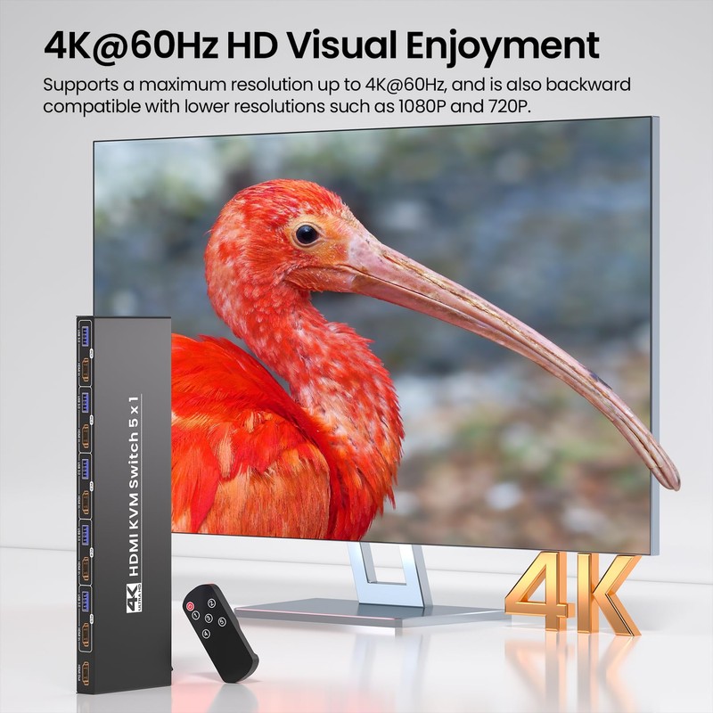 4K@60Hz HDMI KVM Switch 1 Monitor 5 Computers, USB 3.0